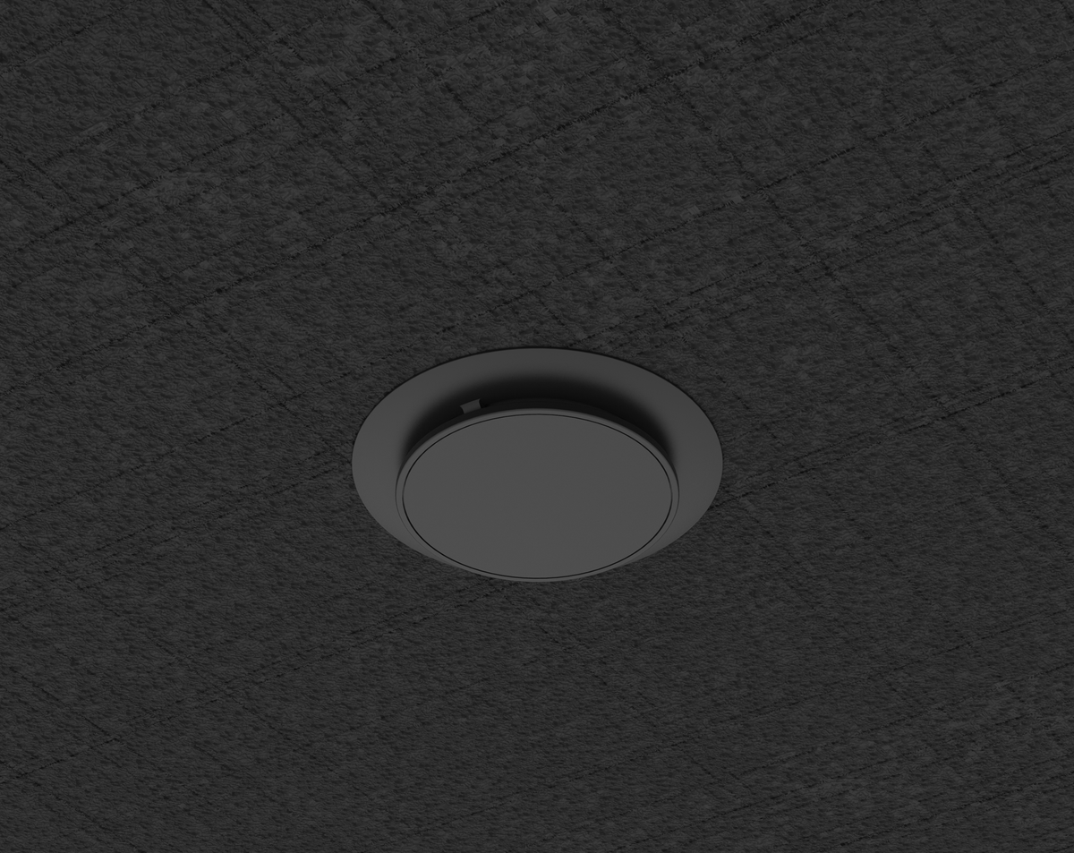 AtlasIED SHS-3T2-B installed in a black ceiling, showing only the 3 in. lens and trim ring