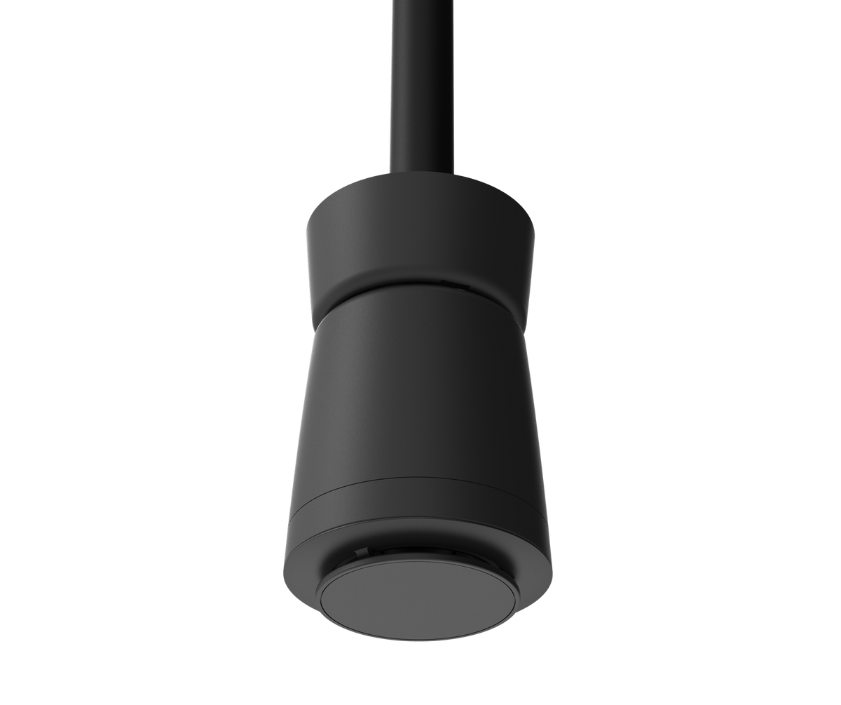 AtlasIED SHS-3T2-B black speaker pendant-mounted from an open ceiling