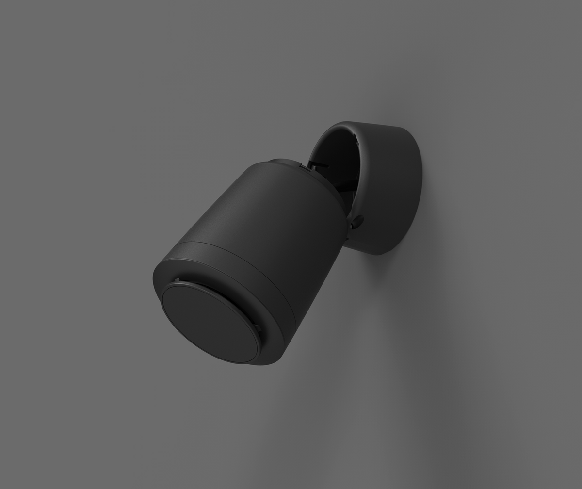 AtlasIED SHS-3T2-B black speaker on its adjustable wall mount bracket