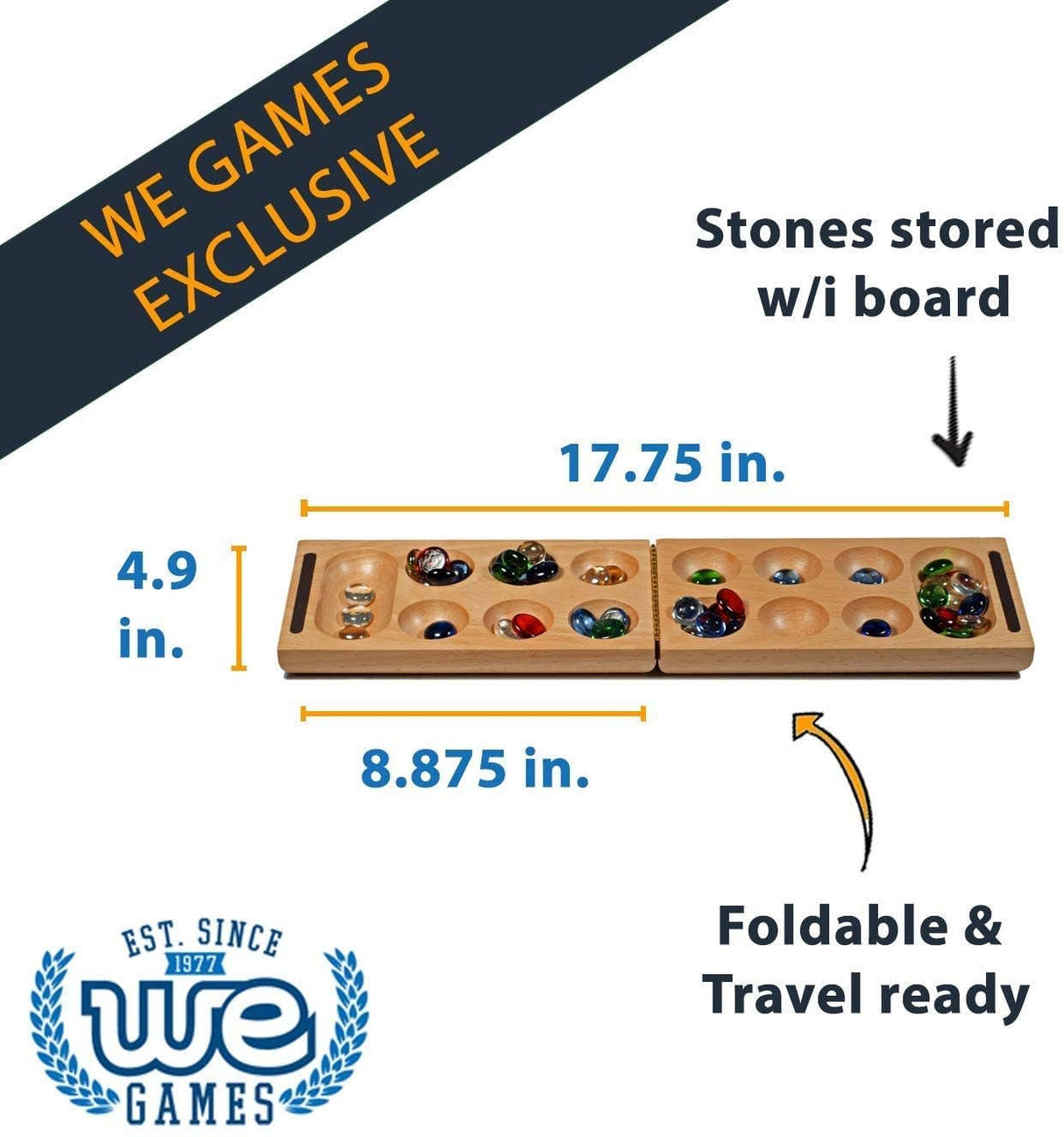 Wood Expressions - Solid Wood Folding Mancala with Glass Stones - 18 in.