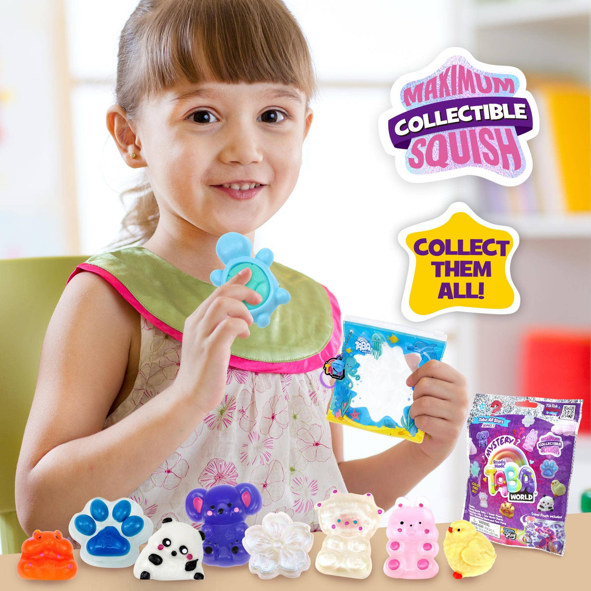 Child holding a toy with 'Maximum Collectible Squish' branding and collectible toys displayed.