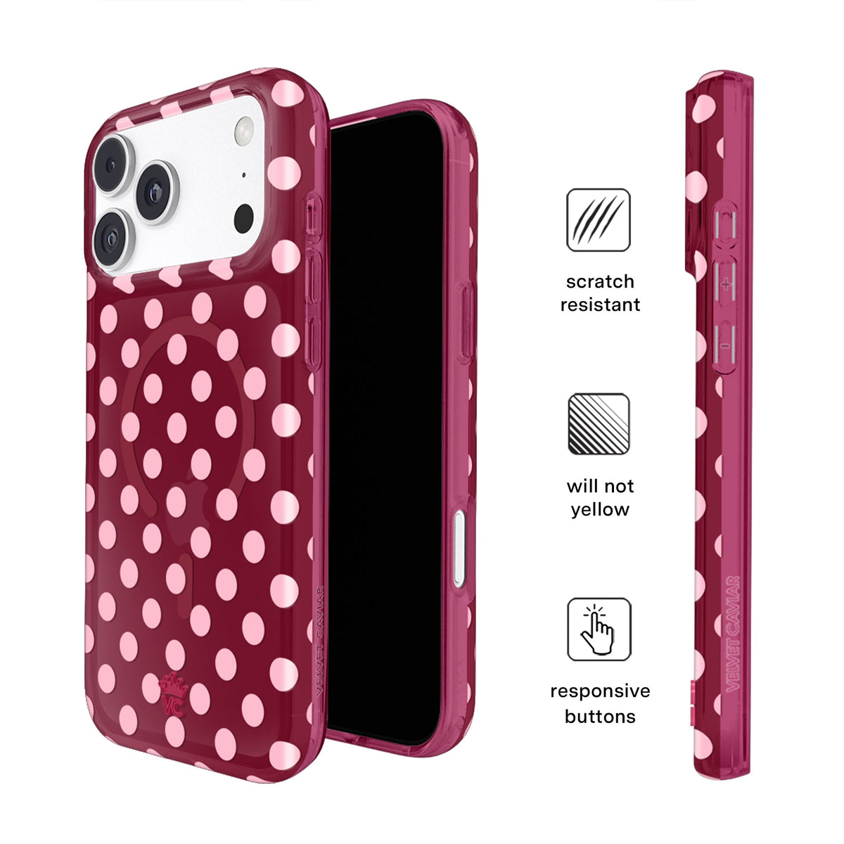 VELVET CAVIAR MagSafe Case for Apple iPhone 18 Pro / 17 Pro, Raspberry Polka Dot, lifestyle view
