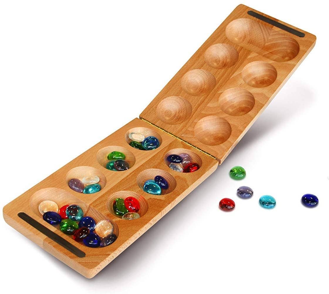 Wood Expressions - Solid Wood Folding Mancala with Glass Stones - 18 in.