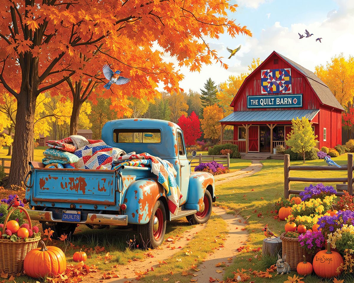 The Quilt Barn 1000 piece jigsaw puzzle by White Mountain Puzzles, completed puzzle image
