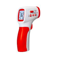 Red and white infrared thermometer on a white background