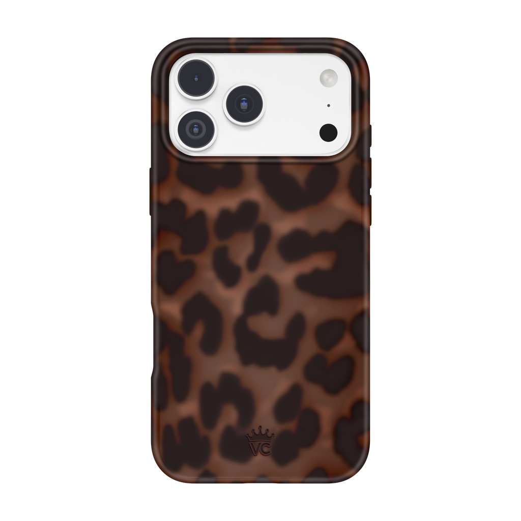 A phone case with a brown and black leopard print pattern, shown on a white iPhone against a solid white background.