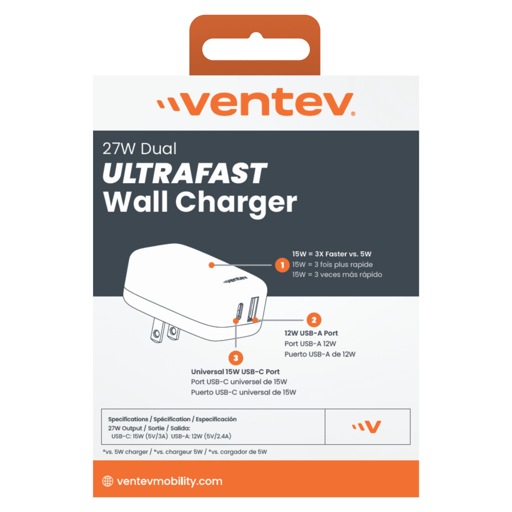 Ventev - 27W ULTRAFAST USB C and USB A Universal Wall Charger - Gray