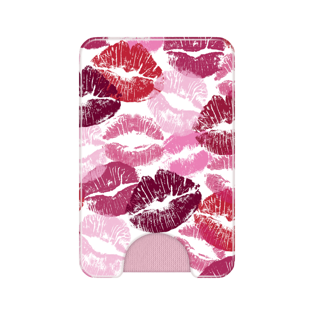 A slim card holder wallet featuring a pink and red lip print pattern, with a built-in pink card slot at the bottom, shown on a plain white background.