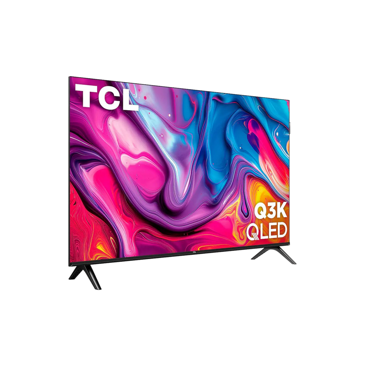 TCL 32 inch Q3K QLED TV angled left view with colorful screen