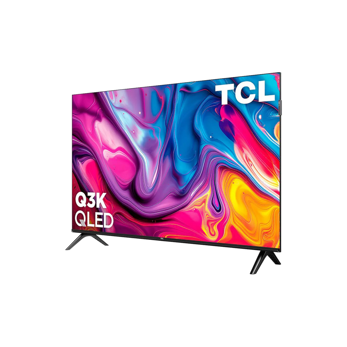 TCL 32 inch Q3K QLED TV angled right view on stand feet