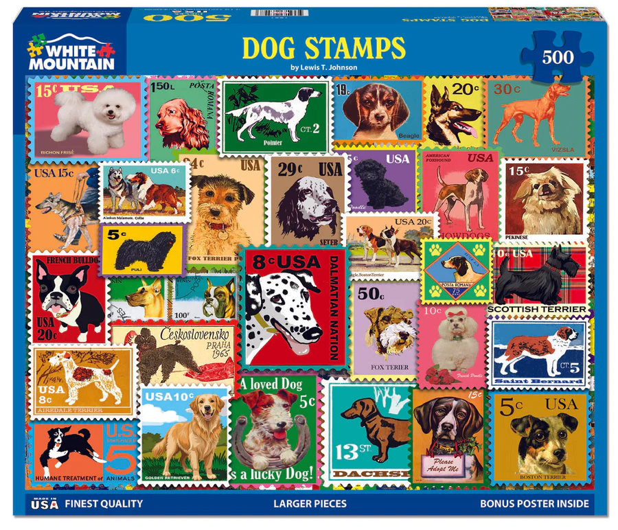 White Mountain Puzzles - Dog Stamps - 500 Piece Jigsaw Puzzle