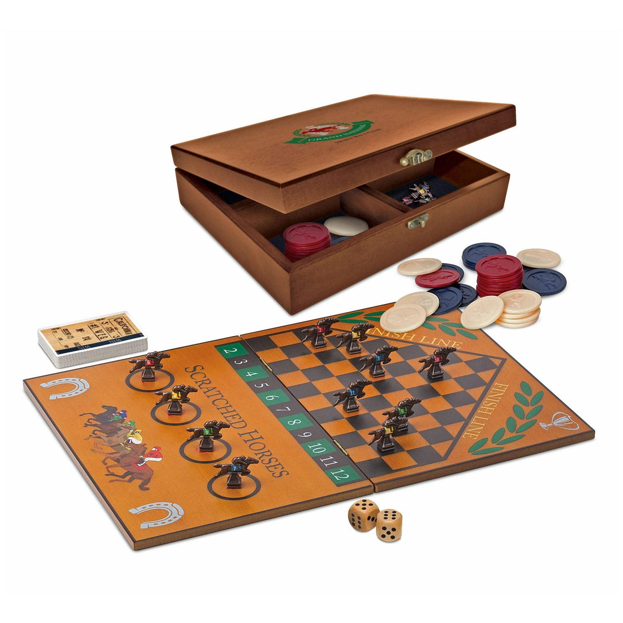 Wooden board game set with checkers, dice, and chips on a white background