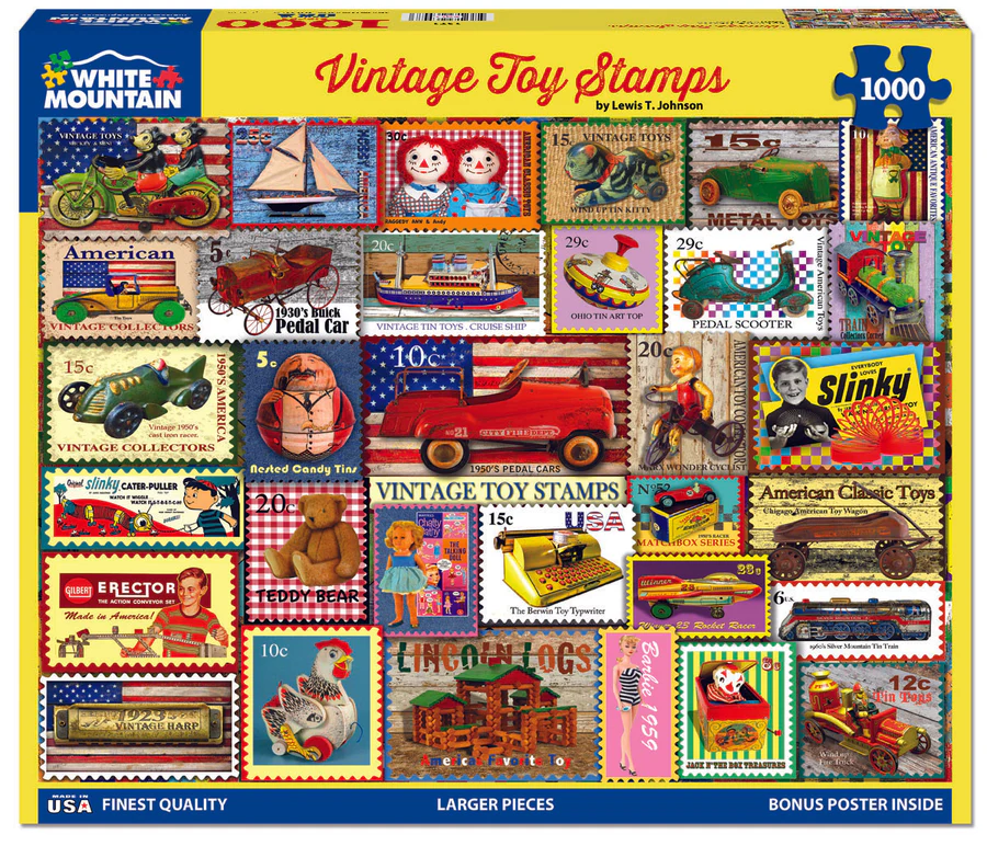 White Mountain Puzzles - Vintage Toy Stamps - 1000 Piece Jigsaw Puzzle