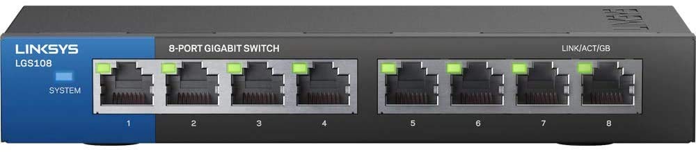 Linksys LGS108: 8-Port Business Desktop Gigabit Ethernet Unmanaged Switch, Computer Network, Wired Connection Speed up to 1,000 Mbps (Black, Blue)