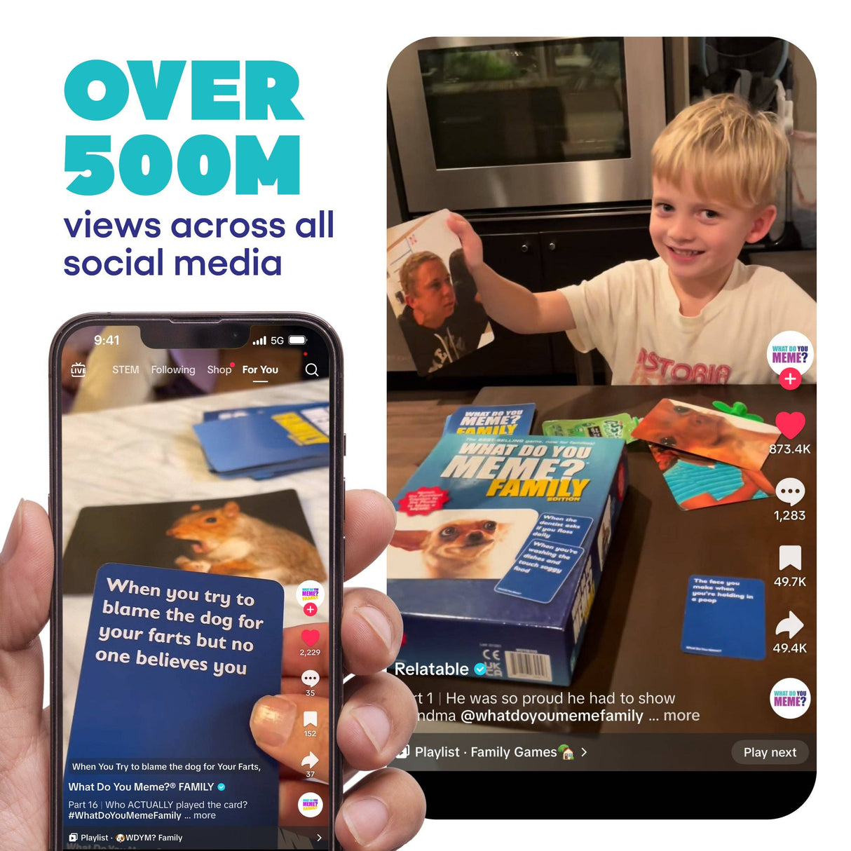 Person holding a phone with a social media app open, showing a video about a family game, with a child playing the game in the background.