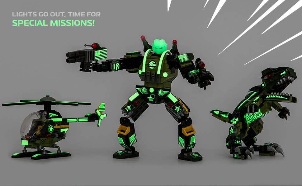 Glow in The Dark Army Robot 3-in-1 Set (398 Pc) AlphaZor