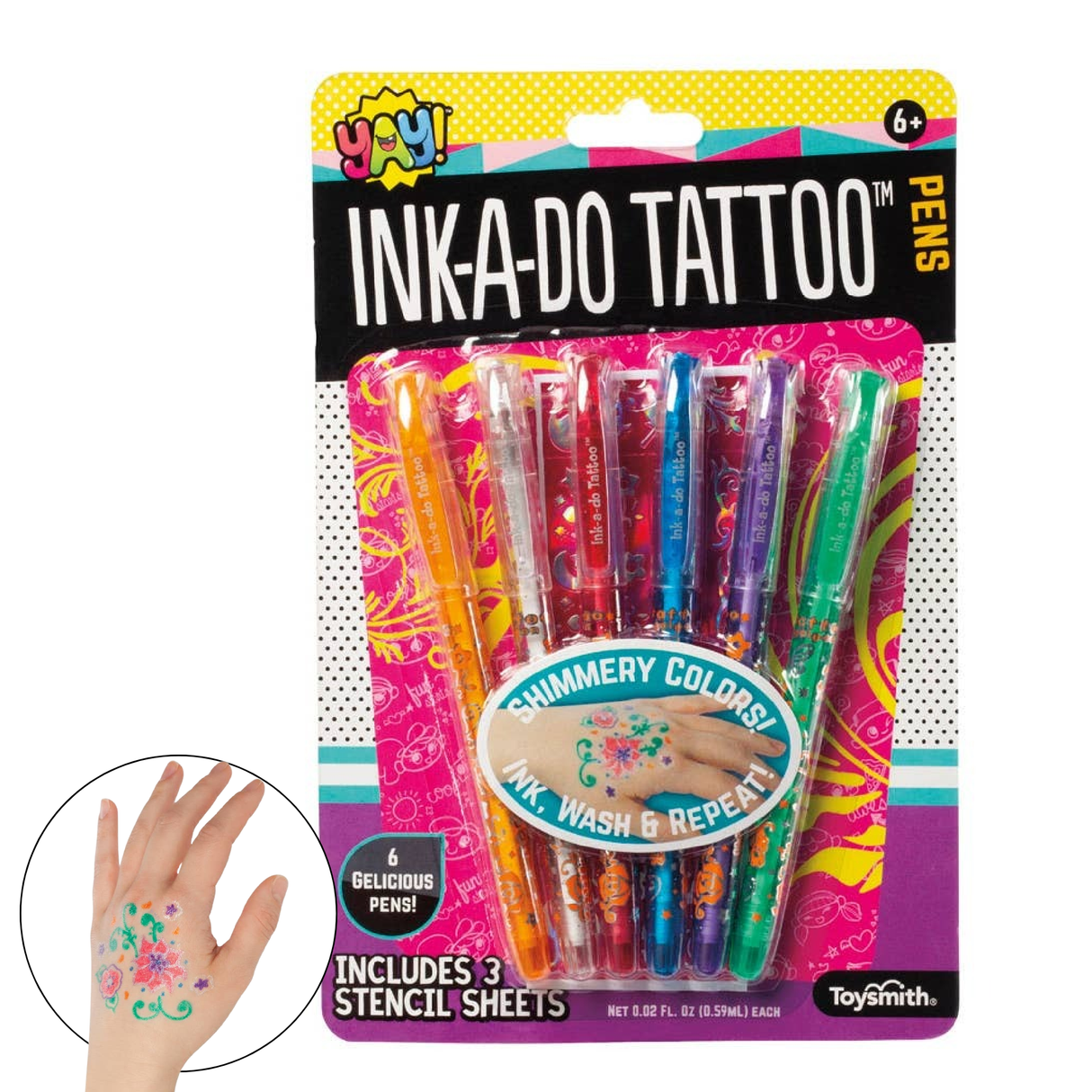 Packaging of Inka-Do Tattoo Pens with colorful pens and a hand with temporary tattoos.