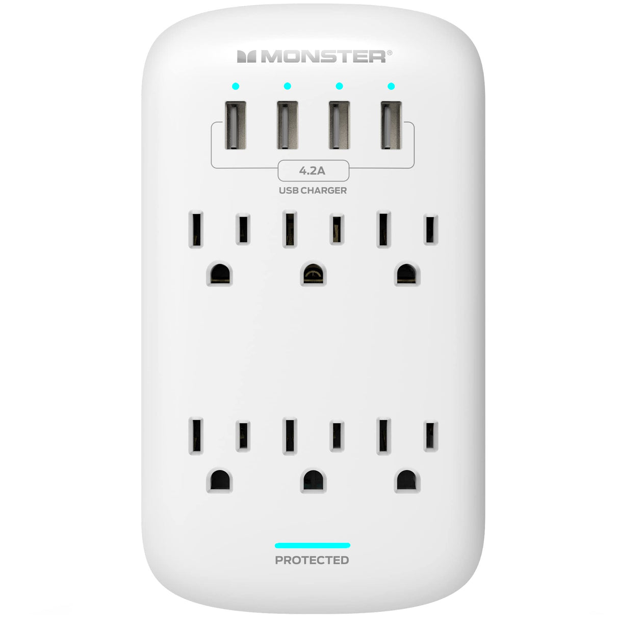 MONSTER POWER WALL TAP SURGE PROTECTOR 6 AC 4 USB-A (4.2AMP) 980J FIREPROOF MOV