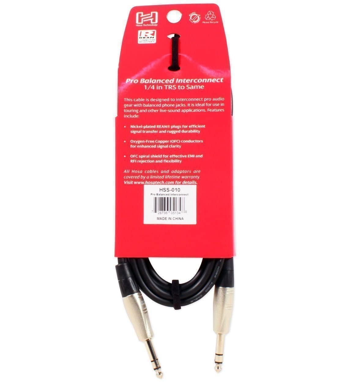 HOSA 10' PRO BALANCED INTERCONNECT REAN 1/4" TRS TO SAME