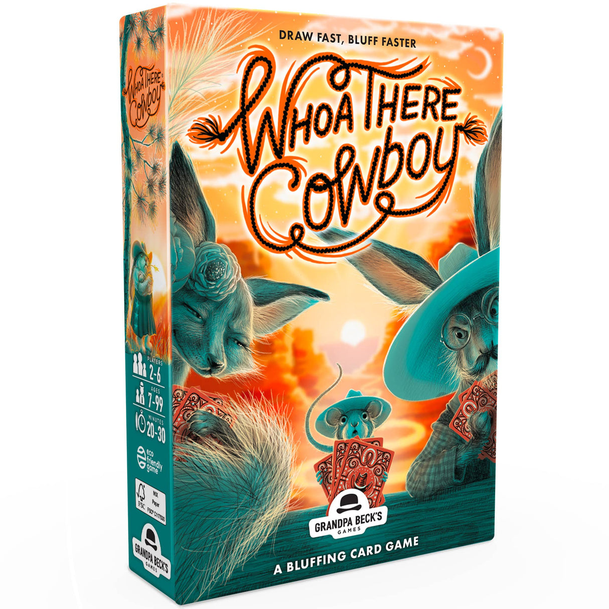 Board game box for 'Who There Cowboy' with cartoon cowboy and elephant design on a colorful background.