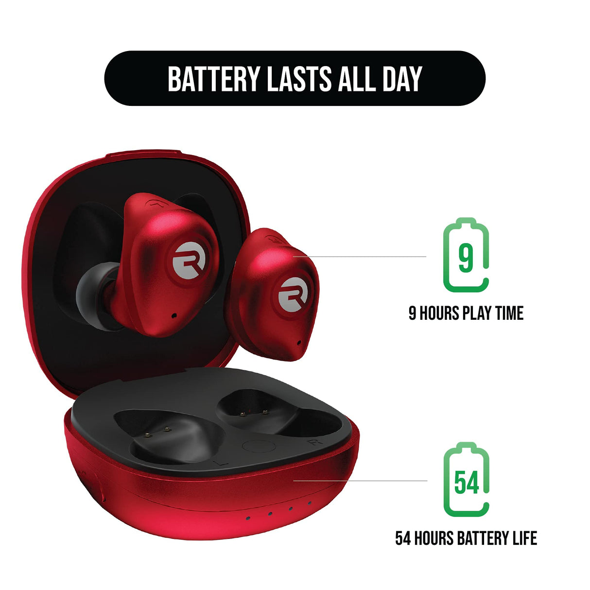 Raycon Fitness Bluetooth True Wireless Earbuds with Built in Mic 54 Hours of Battery IPX7 Waterproof and Charging Case with Talk, Text, and Play Bluetooth 5.2 Portable Sport (Flare Red)