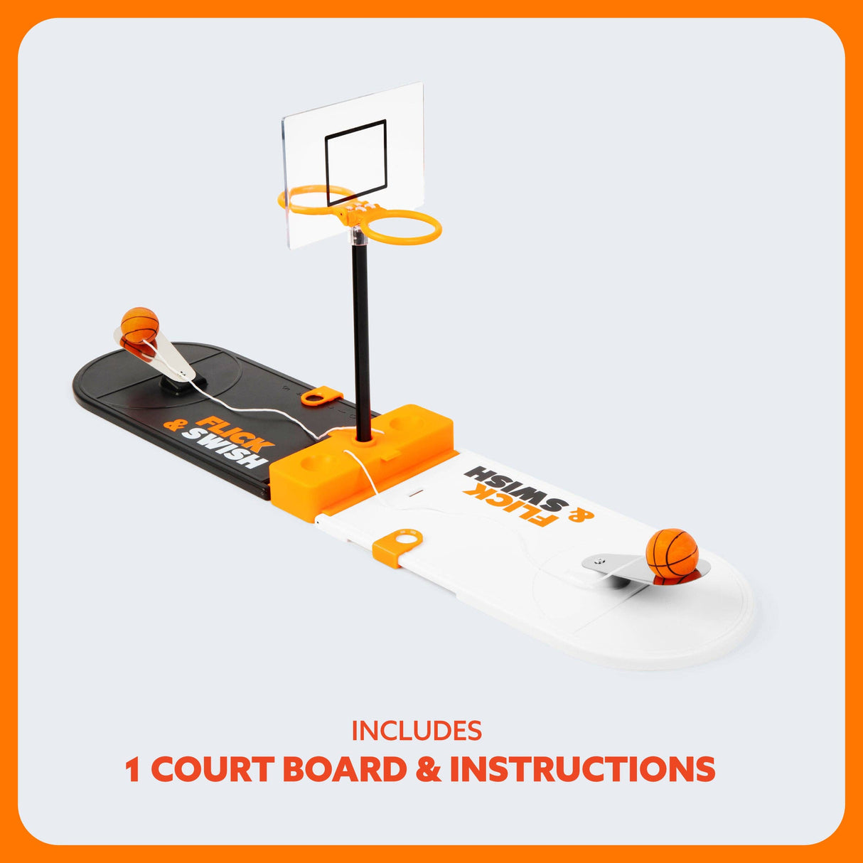 Flick N Dunk basketball hoop set with court board and instructions on a light gray background