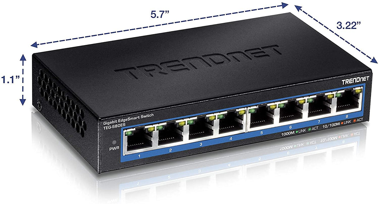 Used TRENDnet 8-Port Gigabit EdgeSmart Switch, 8 x Gigabit Ports, 16Gbps Switch Capacity, Ethernet Network Desktop Switch, Managed Gigabit Switch, Metal, Fanless, Lifetime Protection, Black, TEG-S80ES