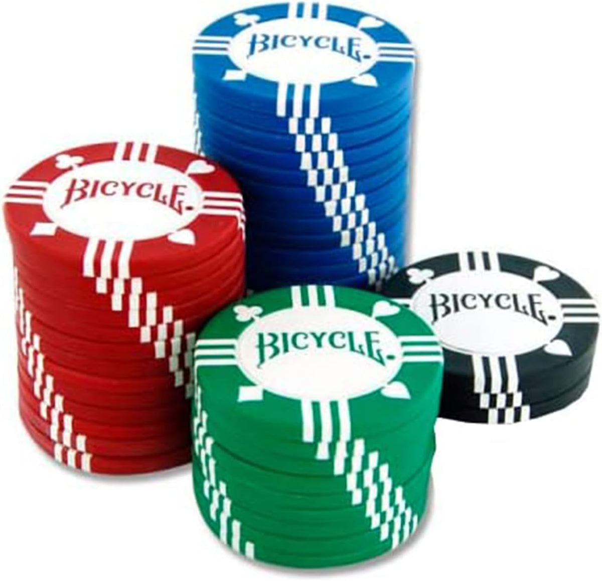 Stacks of red, blue, green and black Bicycle 8 gram clay poker chips