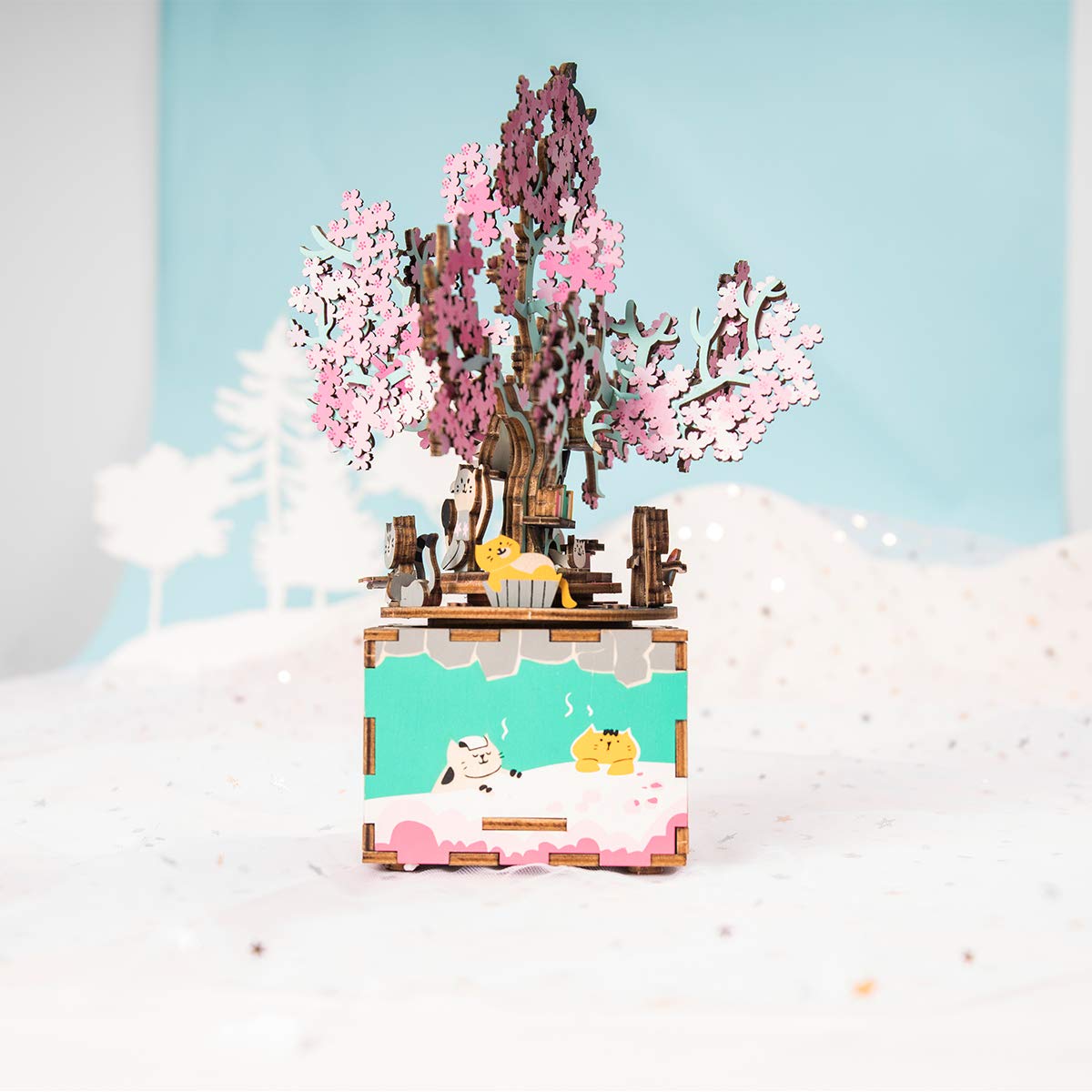 ROBOTIME 3D Puzzle DIY Music Box Puzzle Wood Model Kits to Build Rotating Cherry Blossoms Tree Craft Kits Unique Gift for Age 14+