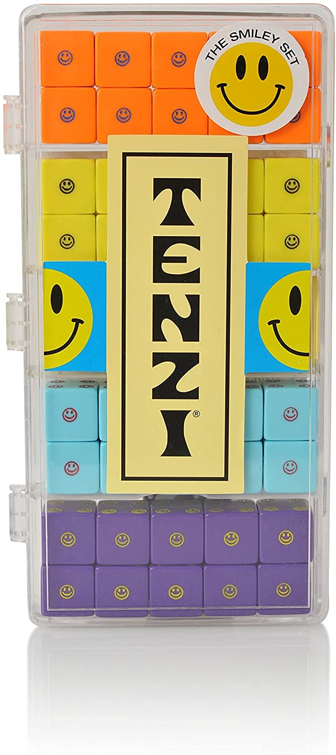 TENZI Select Dice Game - A Fun, Fast Frenzy for The Whole Family - 4 Sets of 10 Uniquely Colored Dice with Storage Case - Smiley Set