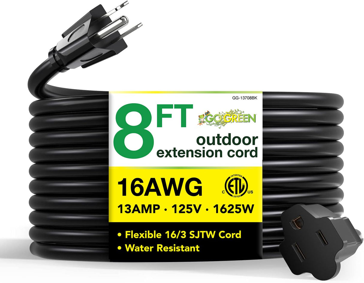 GOGREEN HEAVY-DUTY OUTDOOR POWER EXTENSION CORD - BLACK - 8'