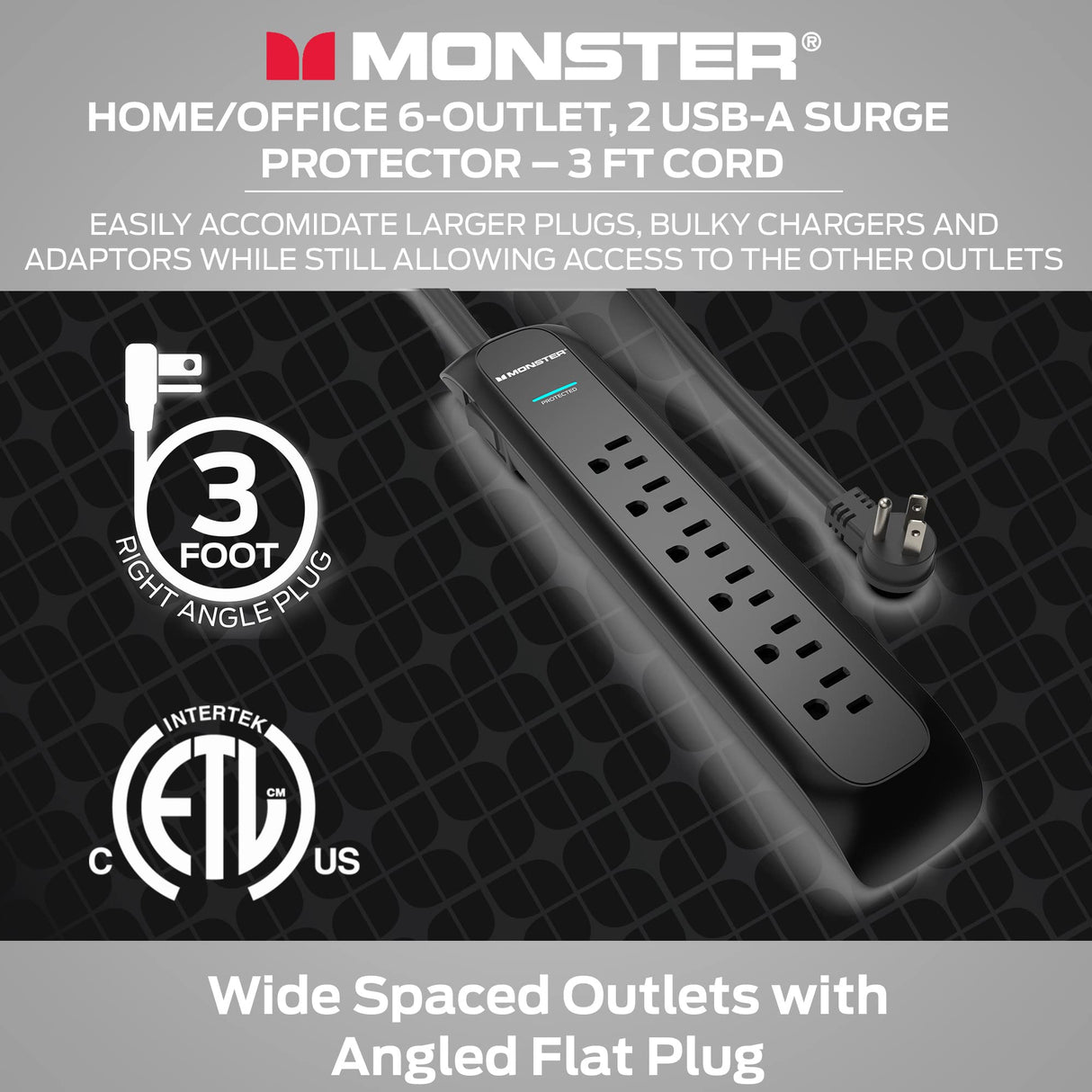MONSTER POWER STRIP SURGE 6 AC 2 USB A BLACK