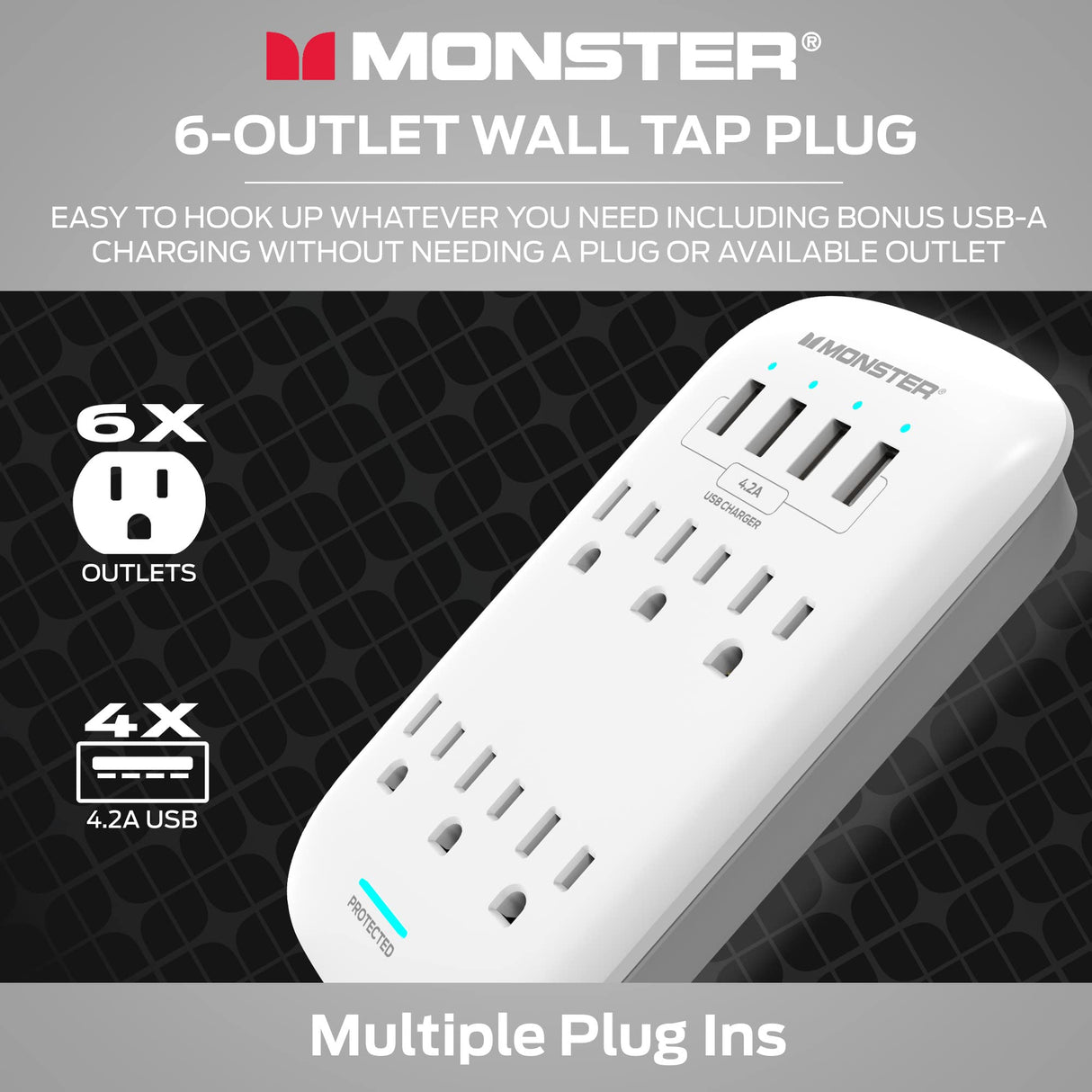 MONSTER POWER WALL TAP SURGE PROTECTOR 6 AC 4 USB-A (4.2AMP) 980J FIREPROOF MOV