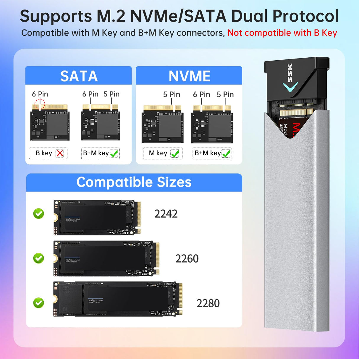 SSK Aluminum M.2 NVME SATA SSD Enclosure Adapter, USB 3.2 Gen 2 (10 Gbps) to NVME PCI-E SATA M-Key/(B+M) Key Solid State Drive External Enclosure Support UASP Trim for NVME/SATA SSDs 2242/2260/2280