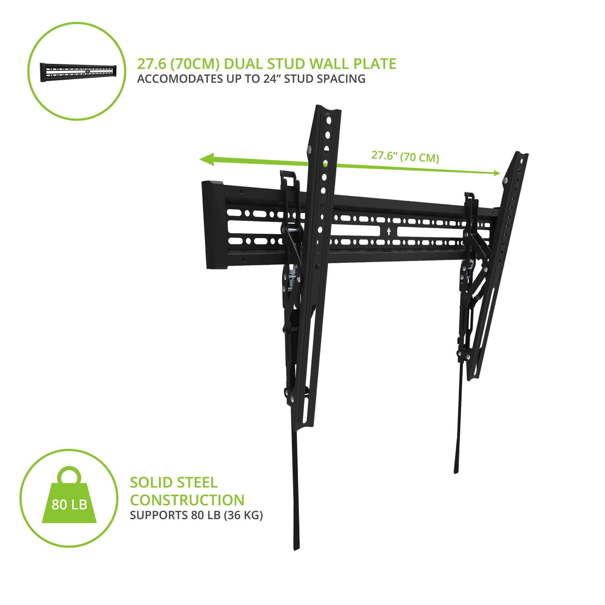 Kanto KT3260 Tilting TV Wall Mount | Fits 32” to 60” Monitors | Fits VESA Sizes 100 x 100 to 600 x 400 | Tilt Mechanism | Quick Release Tabs | Solid Steel Construction | Dual Stud Wall Plate | Black