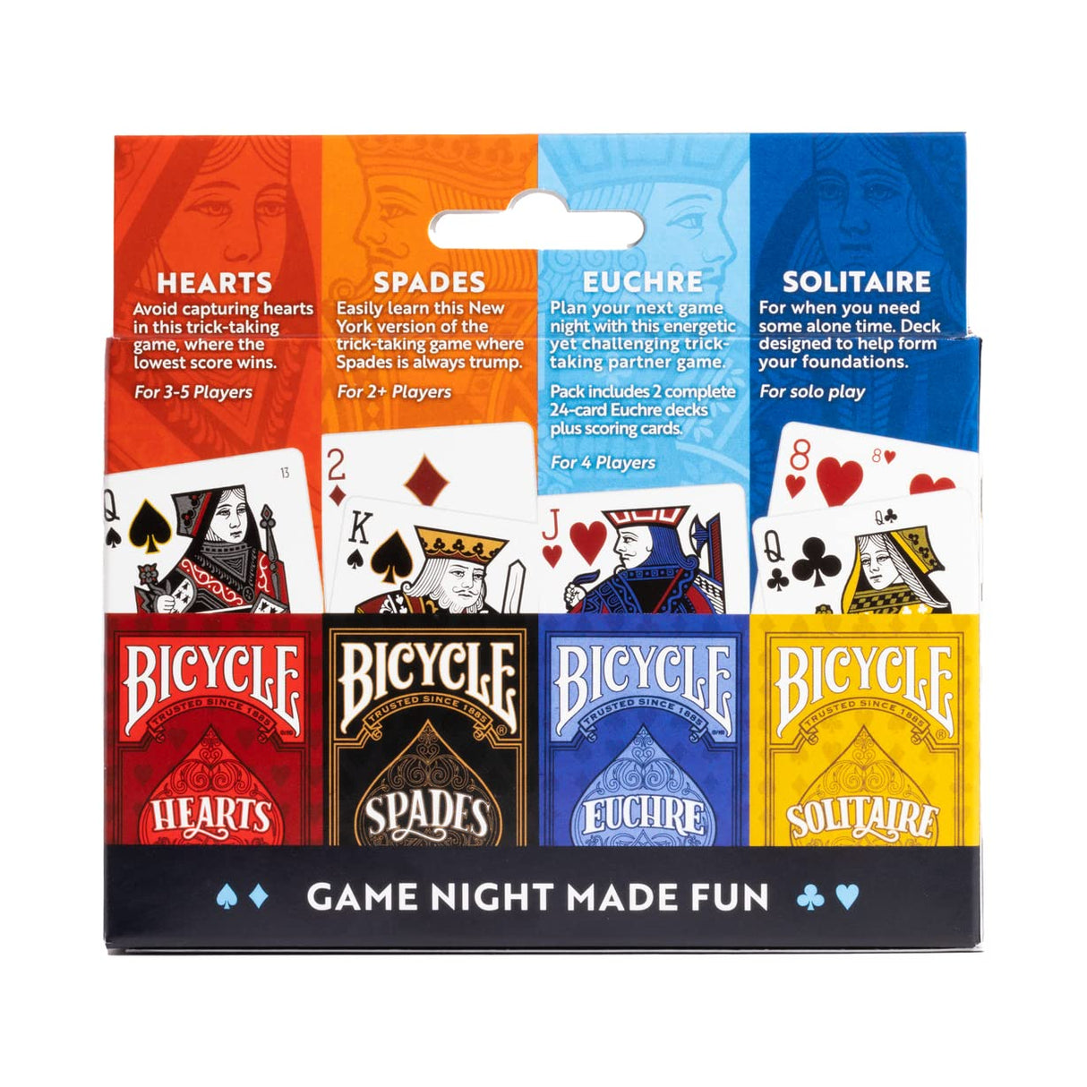 Bicycle 4 Playing Card Games in 1: Euchre, Hearts, Spades, and Solitaire (4 Card Game Pack)