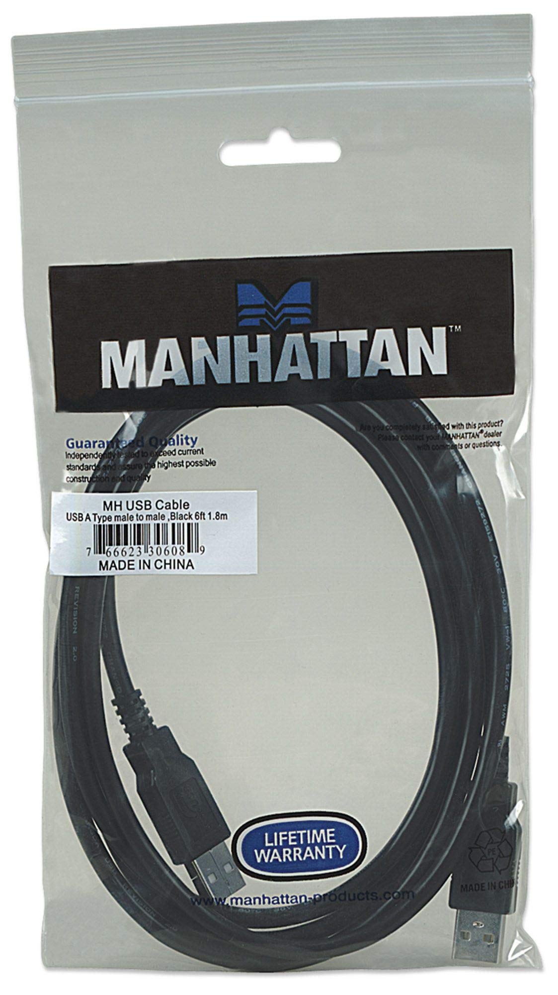MANHATTAN 306089 Hi-Speed USB A Device Cable, USB 2.0, Type-A Male to Type-A Male, 480 Mbps, 1.8 m (6 ft.), Black