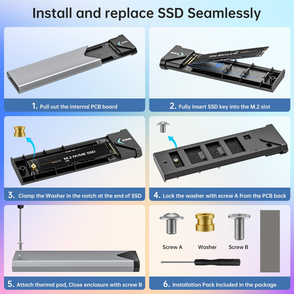 SSK Aluminum M.2 NVME SATA SSD Enclosure Adapter, USB 3.2 Gen 2 (10 Gbps) to NVME PCI-E SATA M-Key/(B+M) Key Solid State Drive External Enclosure Support UASP Trim for NVME/SATA SSDs 2242/2260/2280