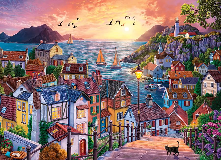 Cobble Hill 1000 Piece Puzzle - Coastal Town at Sunset- Sample Poster Included