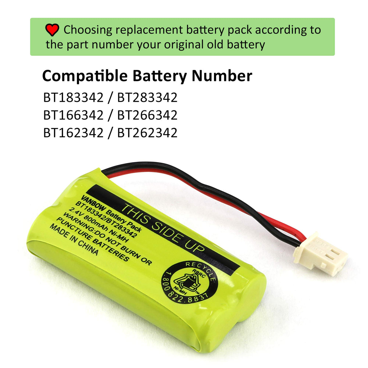 VANBOW BT183342/BT283342 2.4V 800mAh Ni-MH Battery Pack, Compatible with AT&T VTech Cordless Phone Batteries BT166342/BT266342 BT162342/BT262342 CS6709 CS6609 CS6509 CS6409 EL52100 EL50003 (Single Battery)