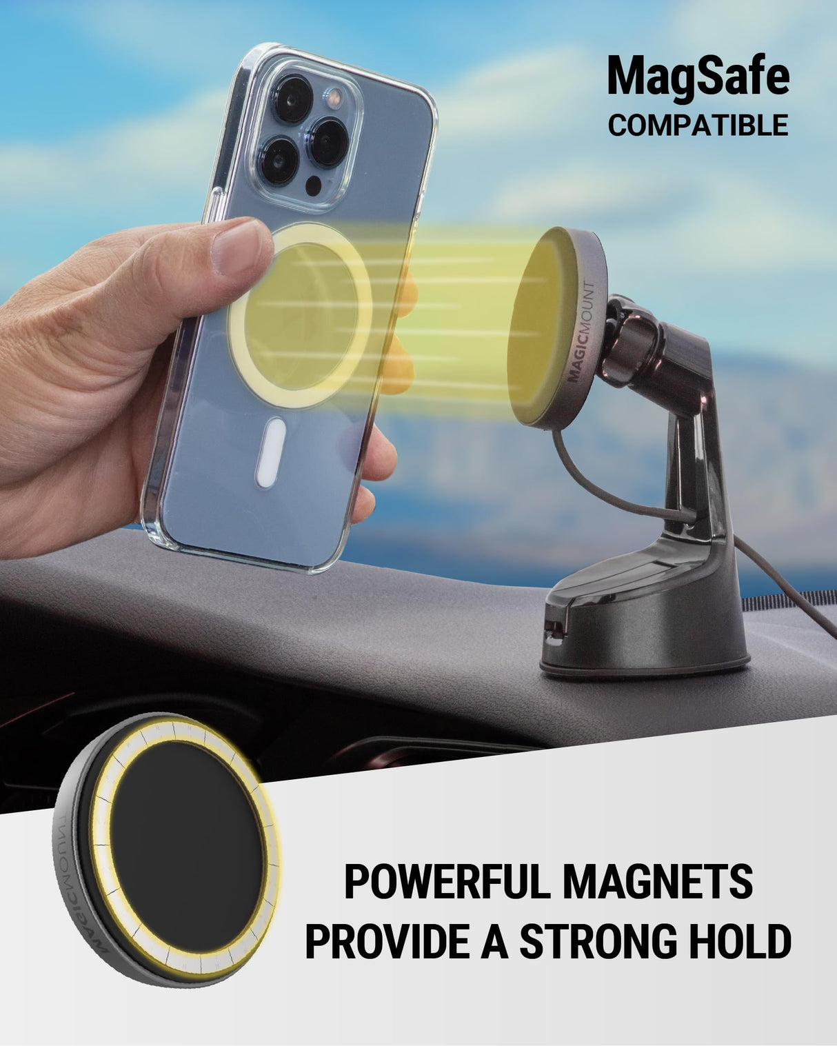 Scosche MPQMRWD-SP MagicMount Charge Pro Qi2 MagSafe Car Mount Charger, 15W Fast Magnetic Wireless Charging Phone Holder for Dashboard/Windshield Compatible with iPhone 16/15/14/13/12 Pro, Pro Max