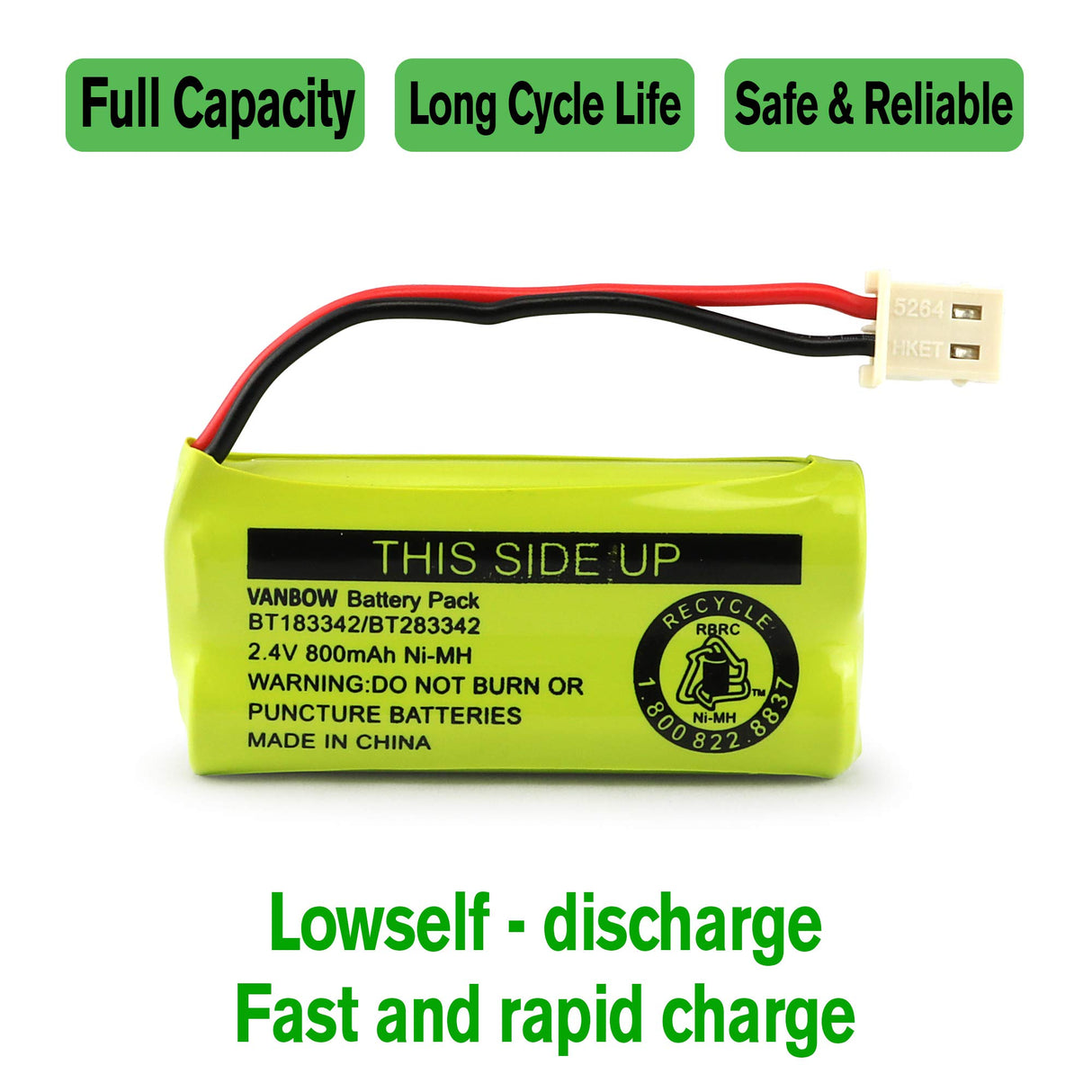 VANBOW BT183342/BT283342 2.4V 800mAh Ni-MH Battery Pack, Compatible with AT&T VTech Cordless Phone Batteries BT166342/BT266342 BT162342/BT262342 CS6709 CS6609 CS6509 CS6409 EL52100 EL50003 (Single Battery)