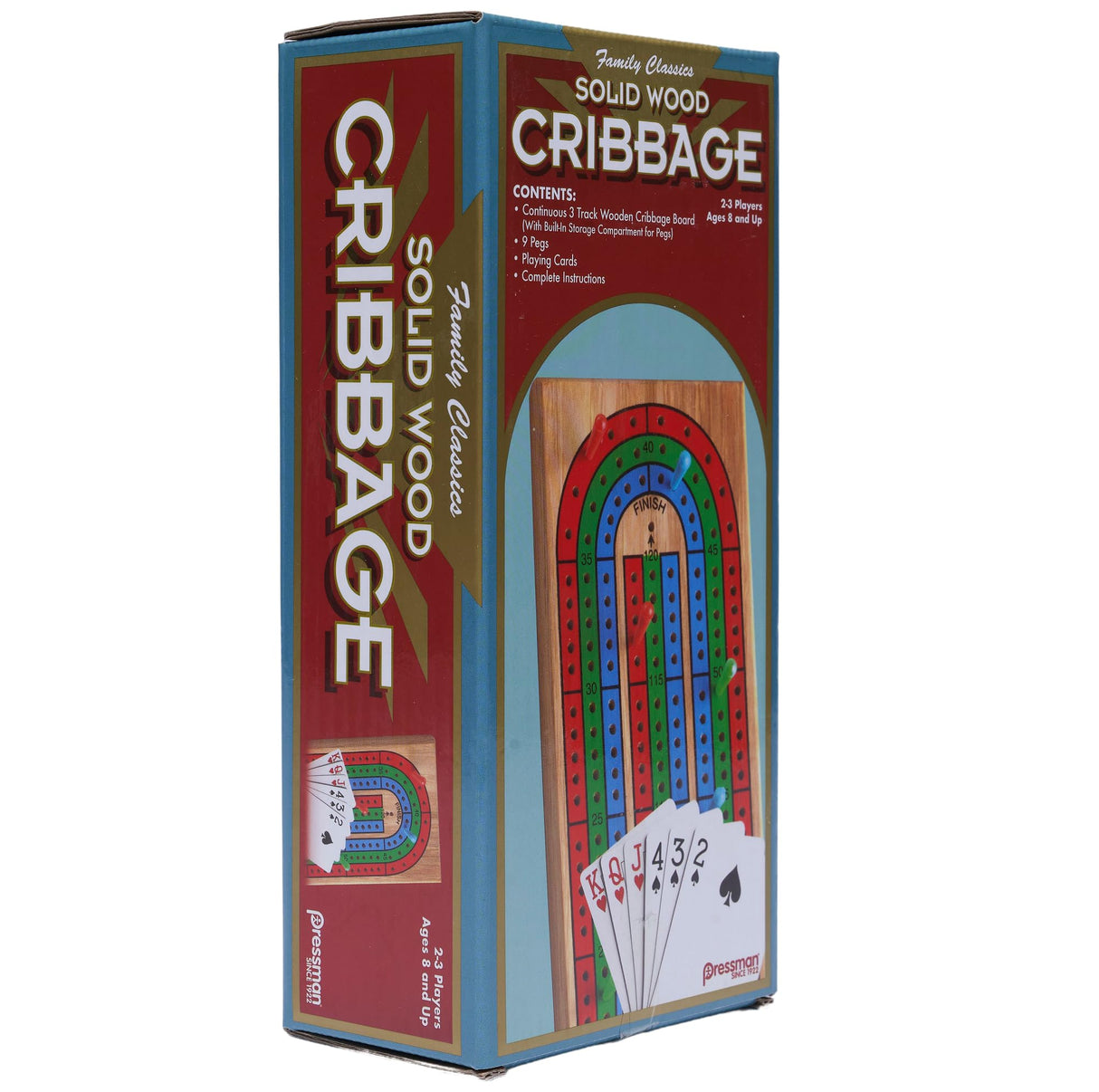 Cribbage with Cards - Solid Wood Continuous 3 Track Board with Built-In Storage Compartment for Pegs