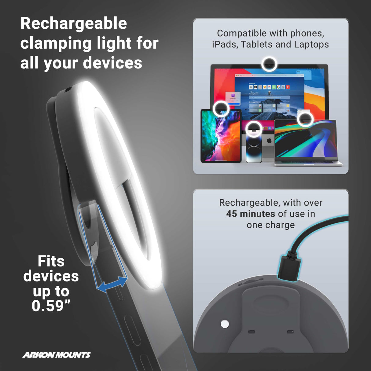 ARKON Mounts Rechargeable Phone Selfie Light | 40 High Power LEDs | Color Accurate | 3 Light Modes