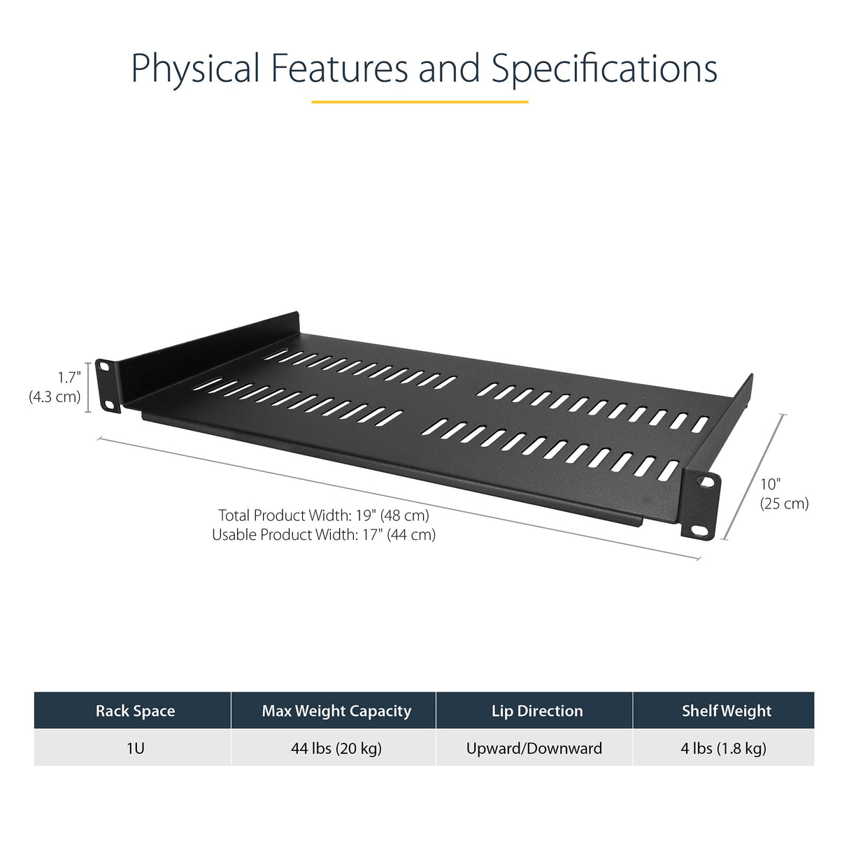 1U Server Rack Shelf - Vented Rack Mount Cantilever Tray for 19" Network Rack & Cabinet, 44lb/20kg, 10" Deep