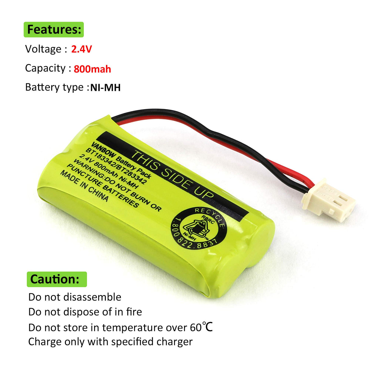 VANBOW BT183342/BT283342 2.4V 800mAh Ni-MH Battery Pack, Compatible with AT&T VTech Cordless Phone Batteries BT166342/BT266342 BT162342/BT262342 CS6709 CS6609 CS6509 CS6409 EL52100 EL50003 (Single Battery)