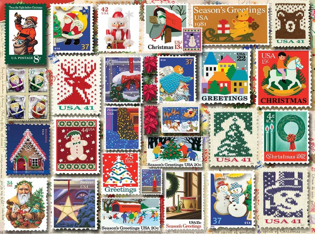 White Mountain Christmas Stamps Christmas Puzzles 1000 Pieces Jigsaw Puzzle for Vintage Enthusiasts