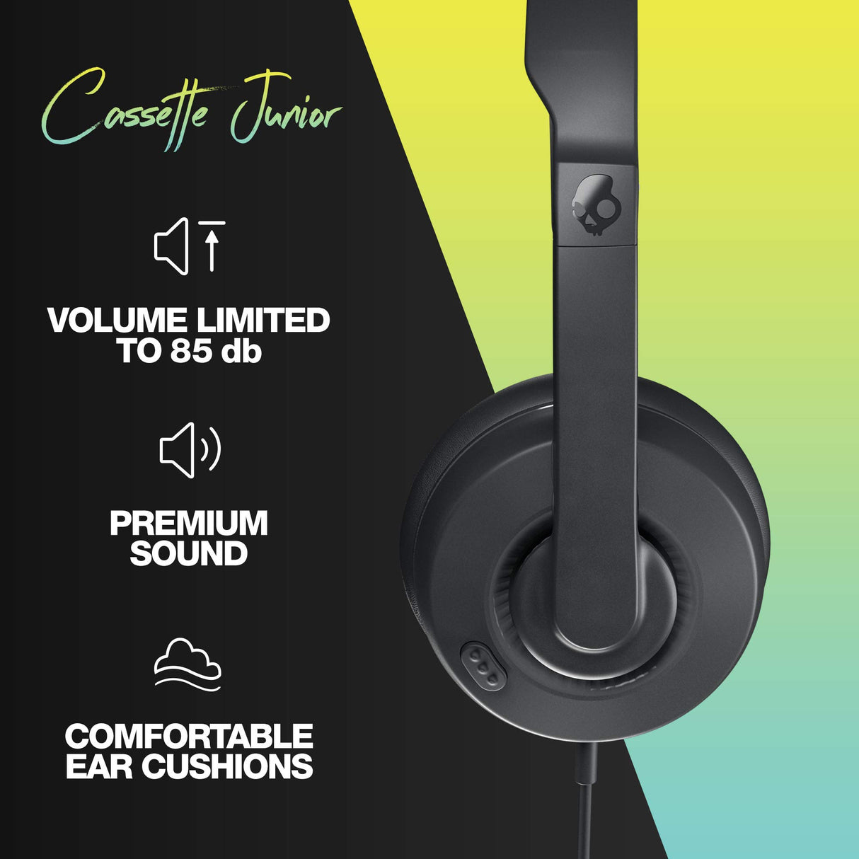 Skullcandy Cassette Junior On-Ear Wired Headphones, Volume-Limiting, Microphone, Works with Bluetooth Devices and Computers - Black