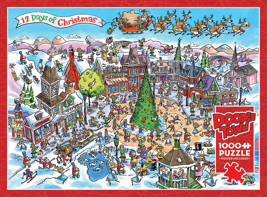 Cobble Hill 1000 Piece Puzzle - DoodleTown: 12 Days of Christmas - Sample Poster Included