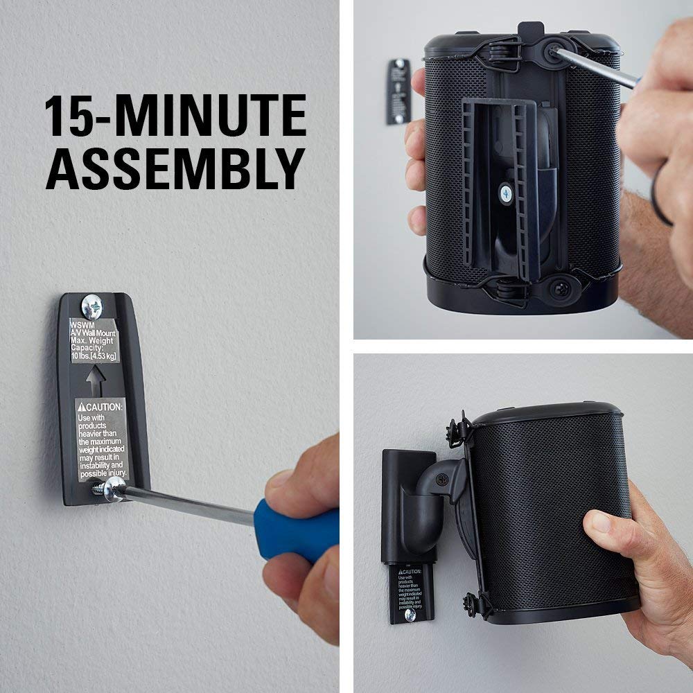 Sanus Adjustable Sonos Wall Mount for Sonos One, Play:1, & Play:3 - Tool Free Tilt & Swivel Adjustments for Best Audio - Pair (Black) - WSWM22-B1